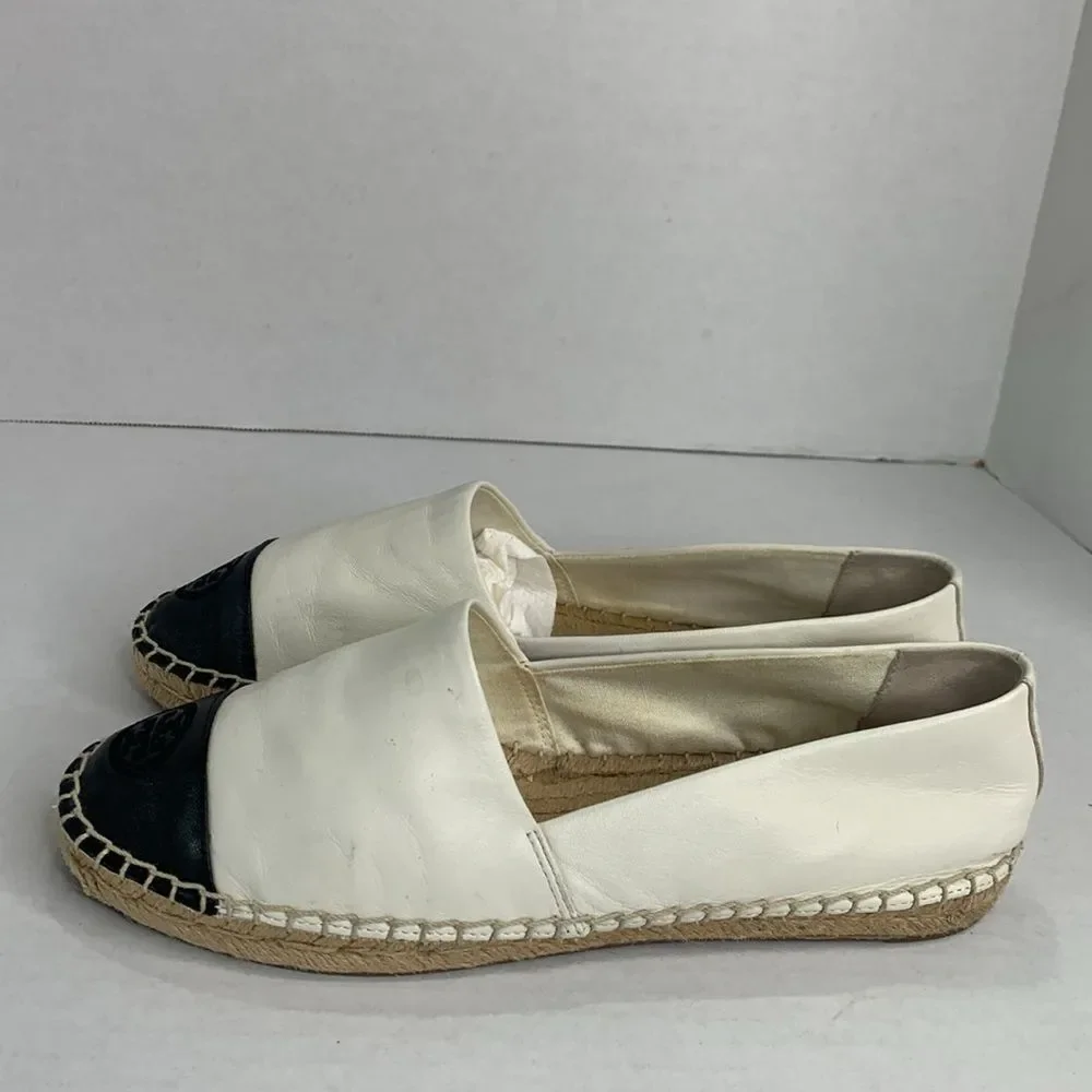 Tory Burch black/white leather color block cap toe espadrille flats
